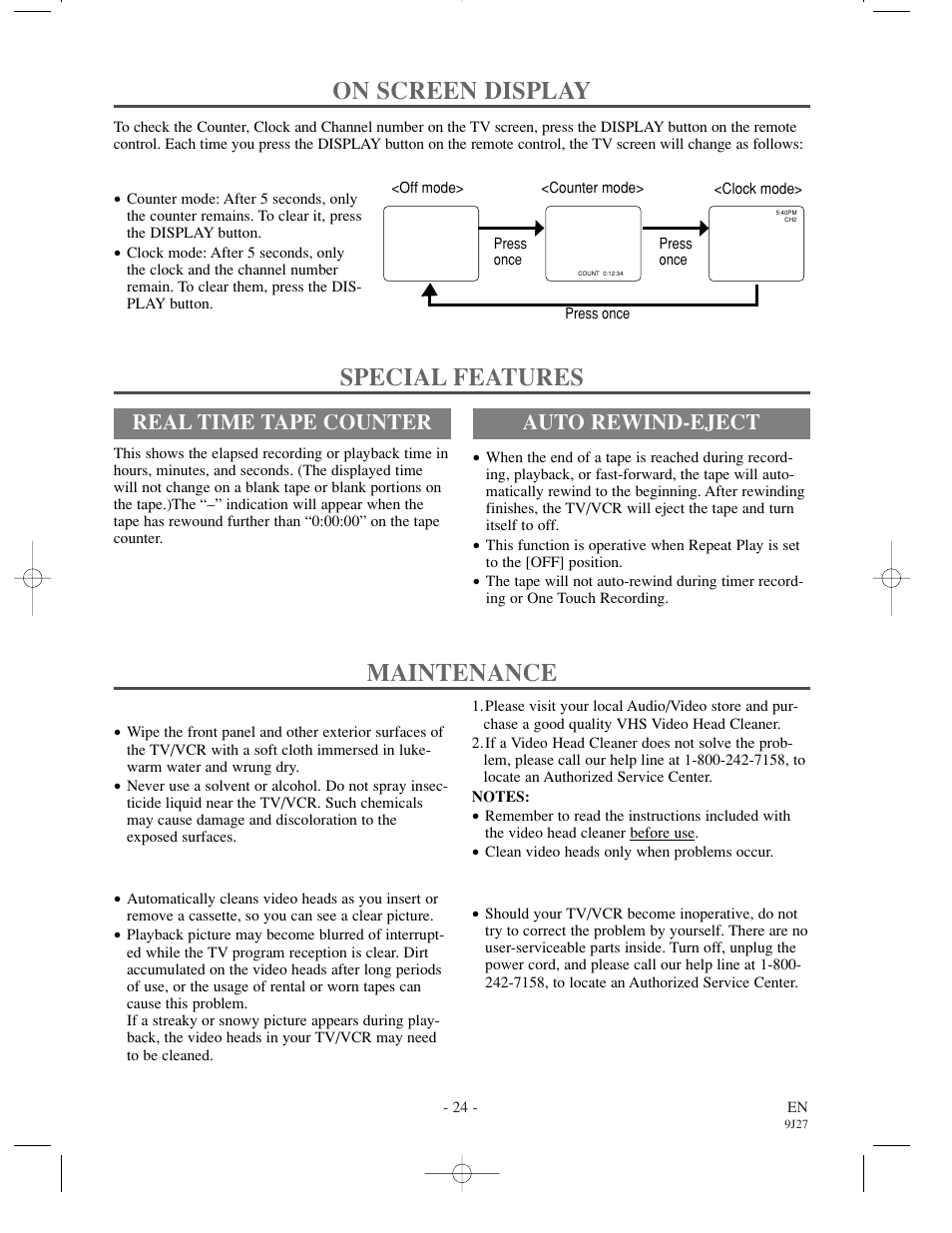Maintenance, On screen display, Special features | Real time tape counter, Auto rewind-eject | FUNAI F3809U User Manual | Page 24 / 32