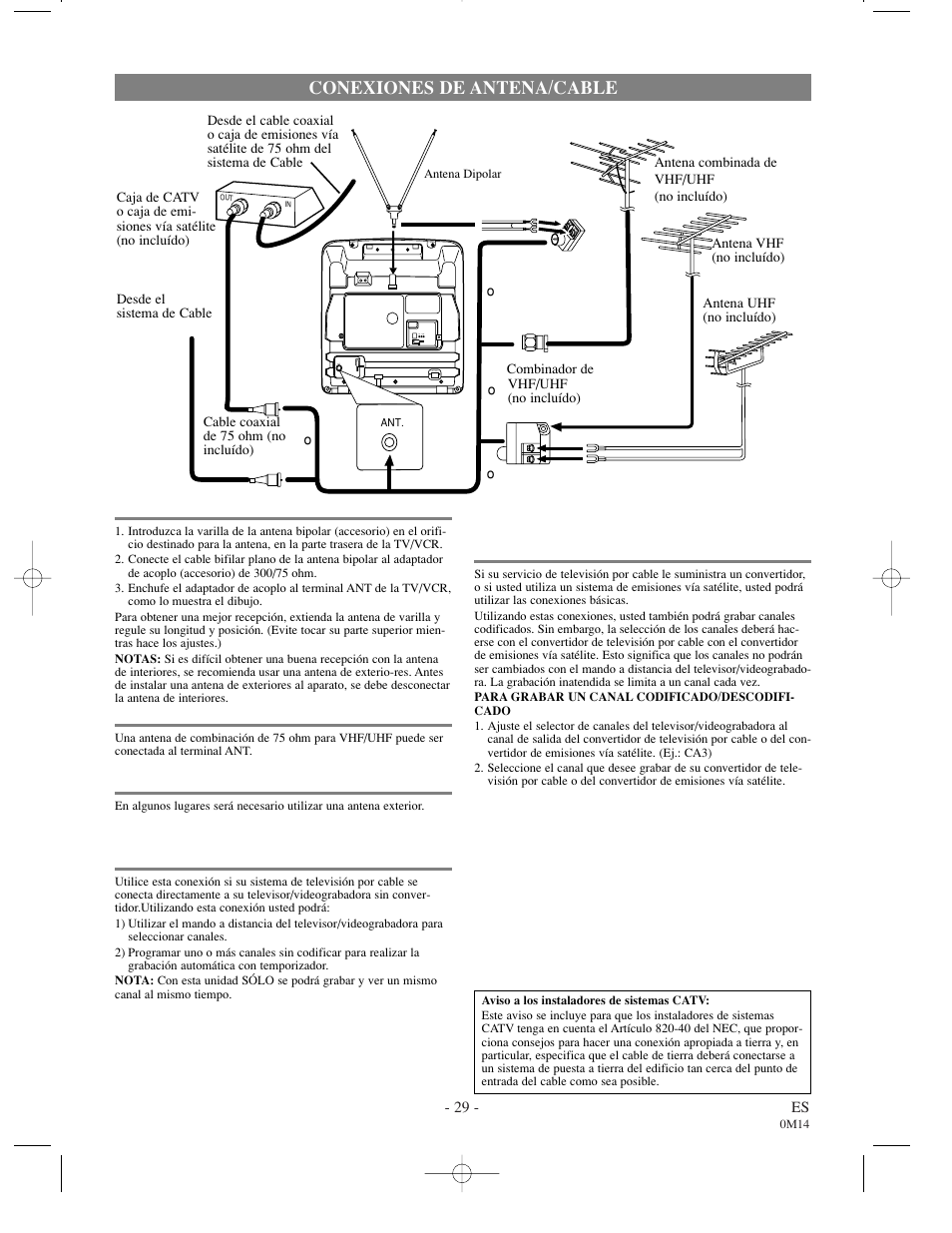 Conexiones de antena/cable, Conexion de la antena bipolar, Antena combinada de vhf/uhf | Antenas separadas de vhf/uhf, Cable sin convertidor/descodifi- cador | FUNAI F3809U User Manual | Page 29 / 32