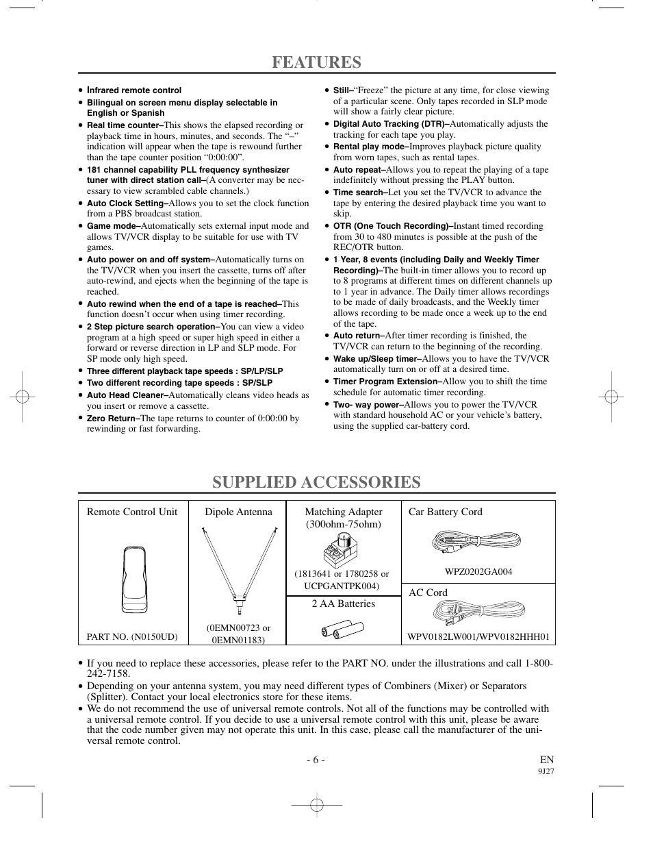 Features, Supplied accessories | FUNAI F3809U User Manual | Page 6 / 32