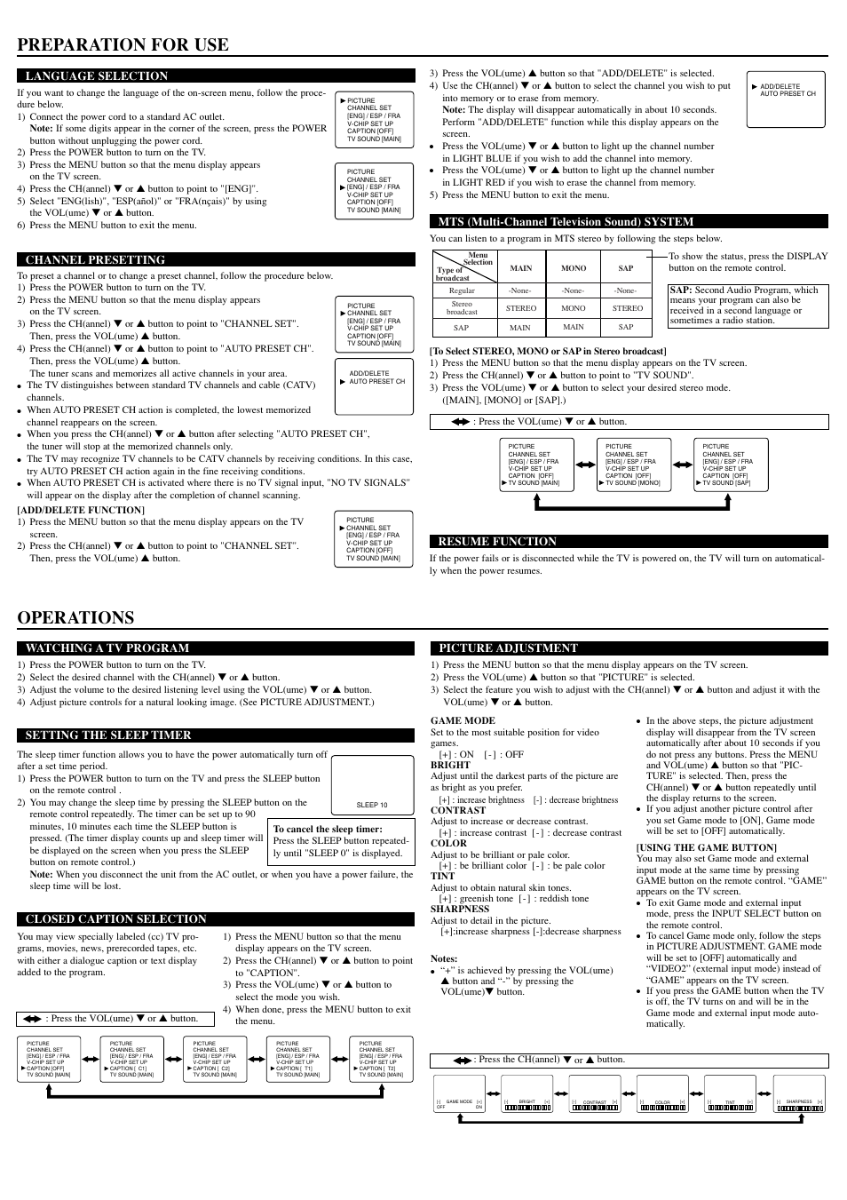 Preparation for use, Operations, Watching a tv program | Setting the sleep timer, Closed caption selection, Picture adjustment, Language selection, Channel presetting, Mts (multi-channel television sound) system, Resume function | FUNAI AT427E User Manual | Page 3 / 8