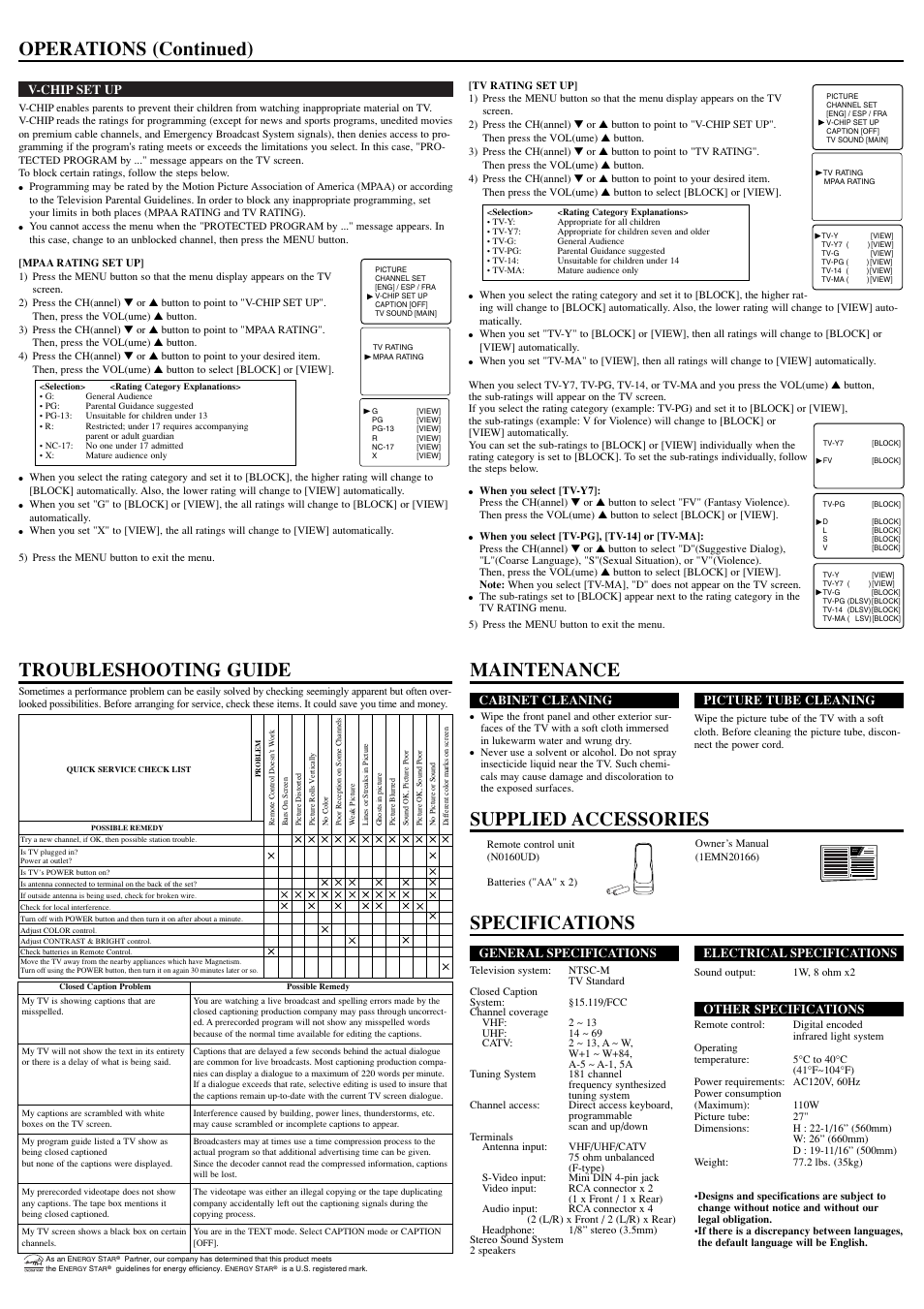 Owner’s manual, V-chip set up, General specifications | Electrical specifications, Other specifications, Cabinet cleaning, Picture tube cleaning | FUNAI AT427E User Manual | Page 4 / 8