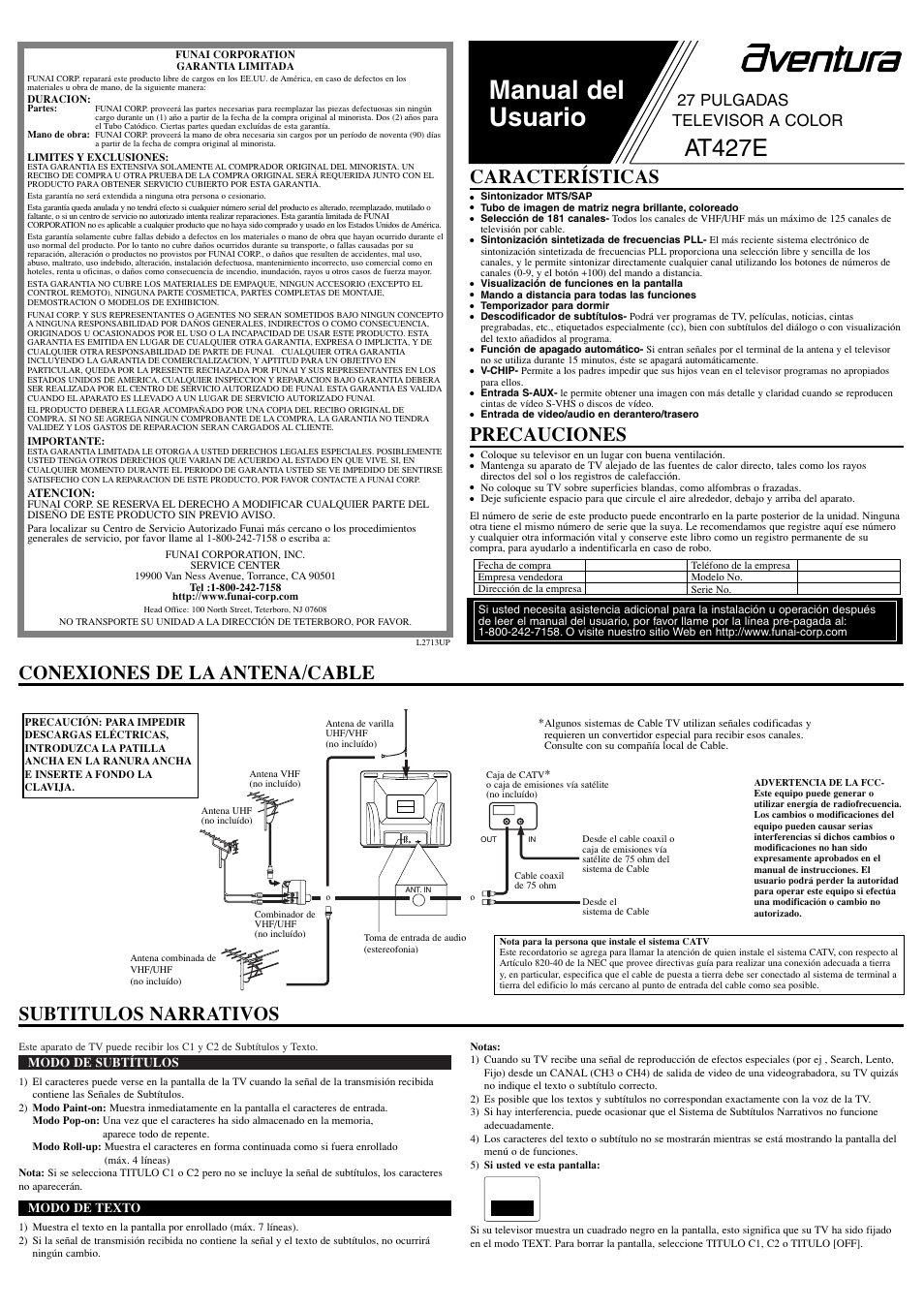 Manual del usuario, At427e, Conexiones de la antena/cable precauciones | Características, Subtitulos narrativos, 27 pulgadas televisor a color | FUNAI AT427E User Manual | Page 5 / 8