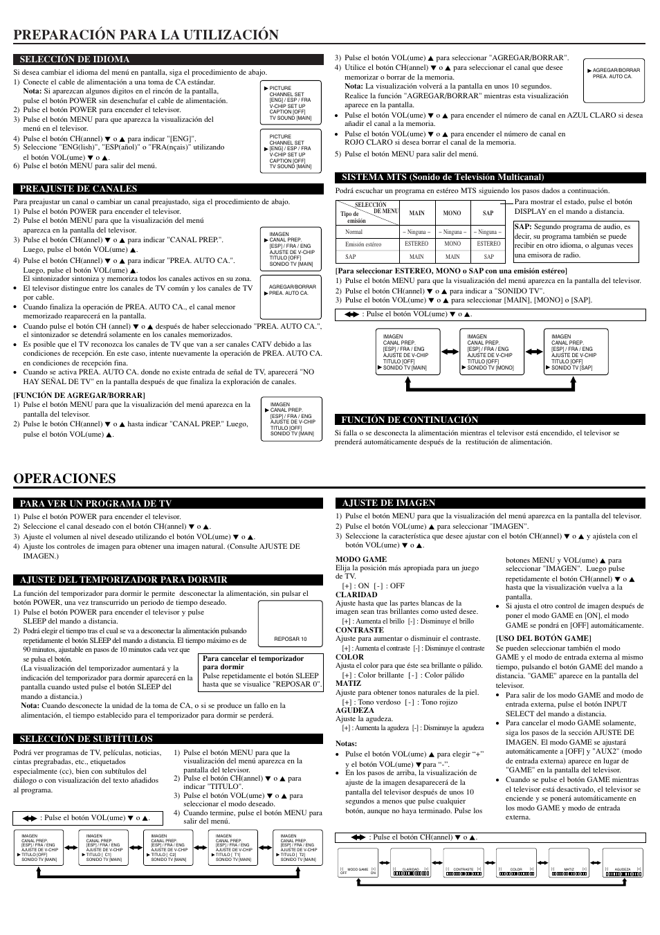 Preparación para la utilización, Operaciones, Selección de idioma | Preajuste de canales, Para ver un programa de tv, Ajuste del temporizador para dormir, Selección de subtítulos, Ajuste de imagen, Sistema mts (sonido de televisión multicanal) | FUNAI AT427E User Manual | Page 7 / 8