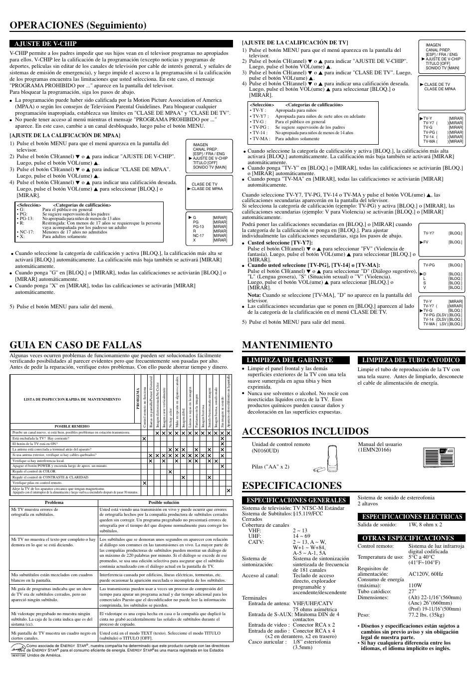 Especificaciones, Operaciones (seguimiento), Owner’s manual | Especificaciones generales, Especificaciones electricas, Otras especificaciones, Limpieza del gabinete, Limpieza del tubo catodico, Ajuste de v-chip | FUNAI AT427E User Manual | Page 8 / 8