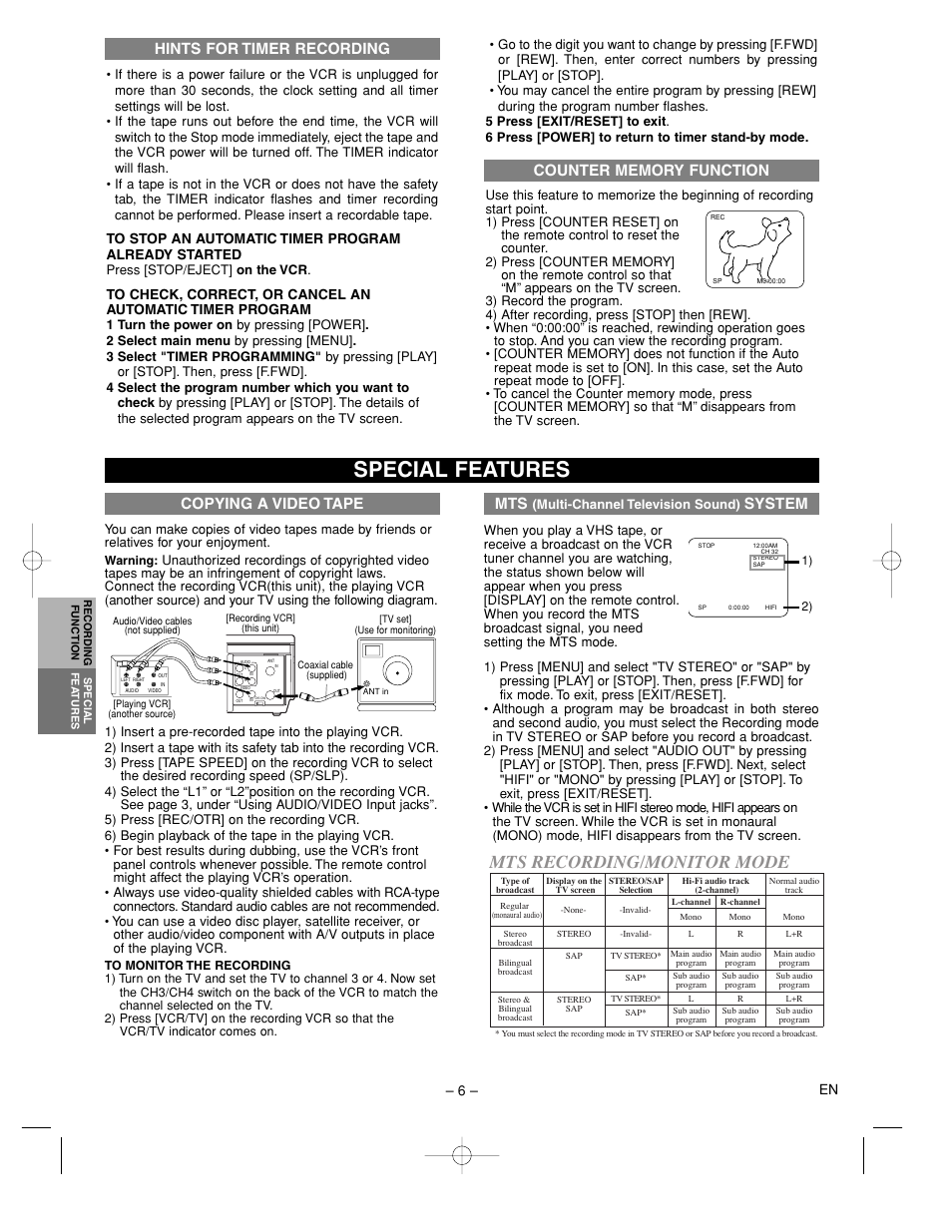 Special features, Mts recording/monitor mode, System | Copying a video tape, Hints for timer recording, 6 – en | FUNAI F260LC User Manual | Page 6 / 8