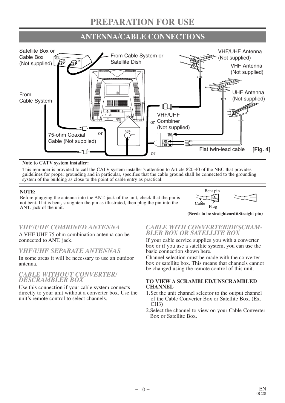 Preparation for use, Antenna/cable connections, Vhf/uhf combined antenna | Vhf/uhf separate antennas, Cable without converter/ descrambler box | FUNAI EC520E User Manual | Page 10 / 40