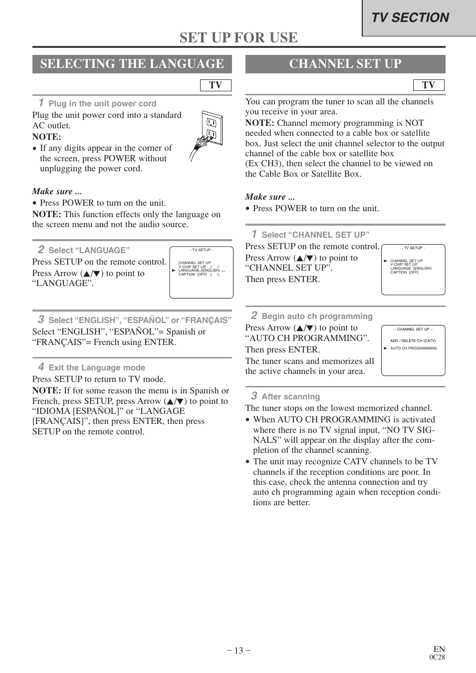 Set up for use, Selecting the language, Channel set up | FUNAI EC520E User Manual | Page 13 / 40