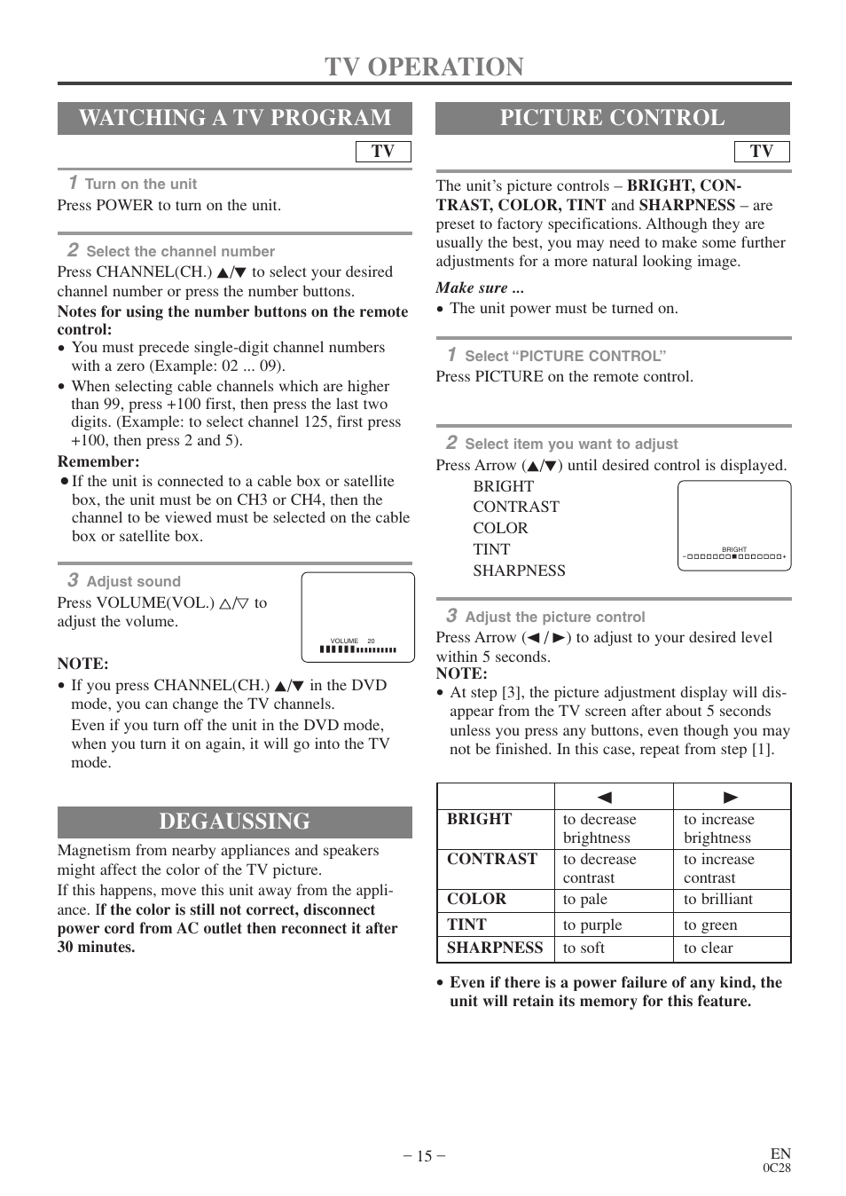 Tv operation, Degaussing, Watching a tv program | Picture control | FUNAI EC520E User Manual | Page 15 / 40