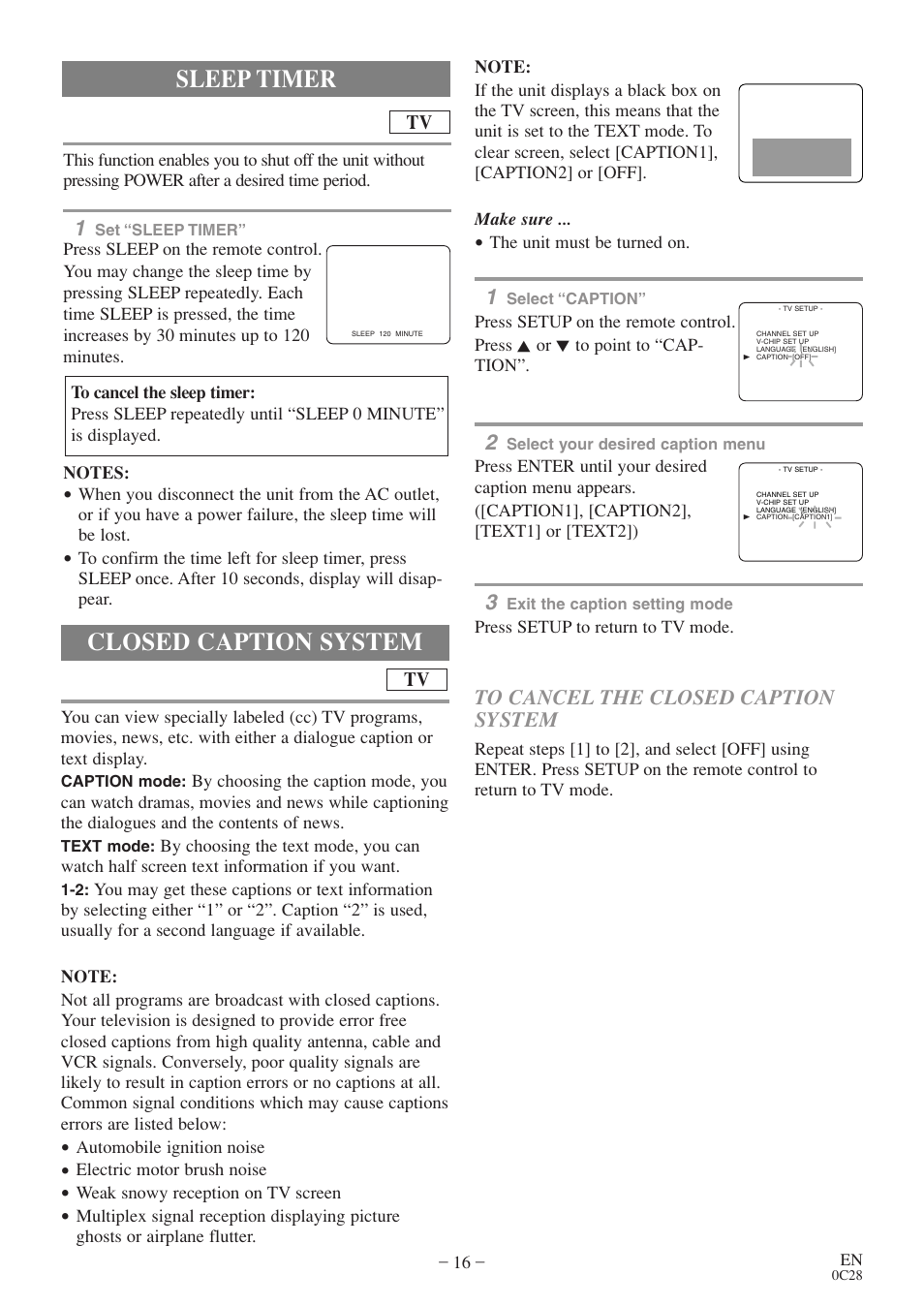 Closed caption system, Sleep timer | FUNAI EC520E User Manual | Page 16 / 40