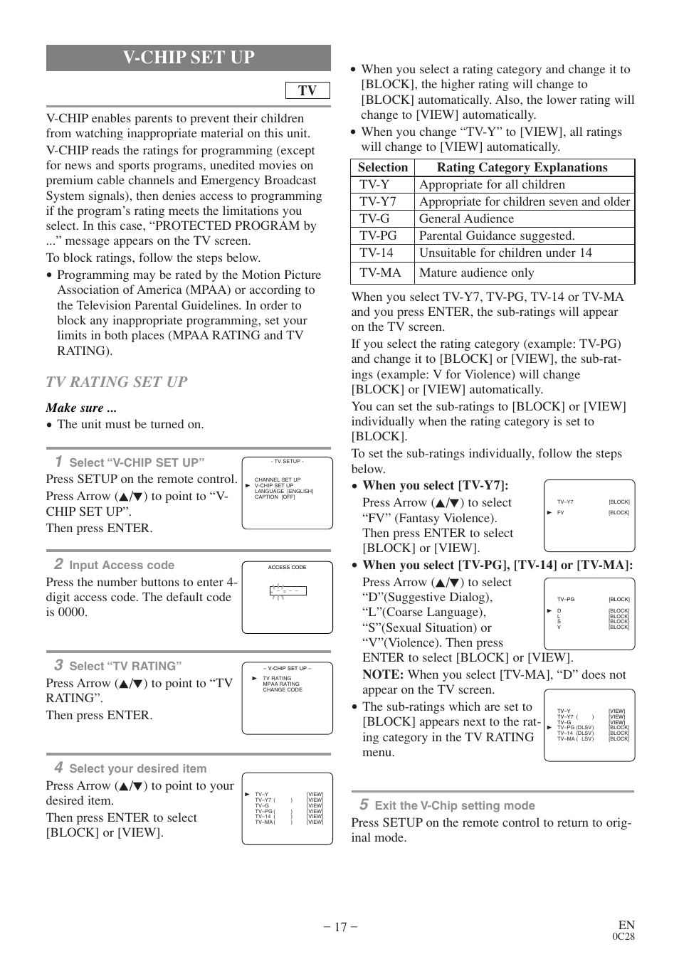 V-chip set up, Tv rating set up, Make sure | The unit must be turned on | FUNAI EC520E User Manual | Page 17 / 40