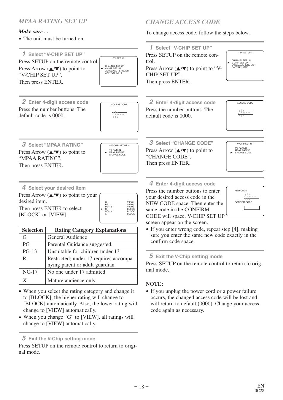 Mpaa rating set up, Change access code, Make sure | The unit must be turned on, Press the number buttons. the default code is 0000 | FUNAI EC520E User Manual | Page 18 / 40