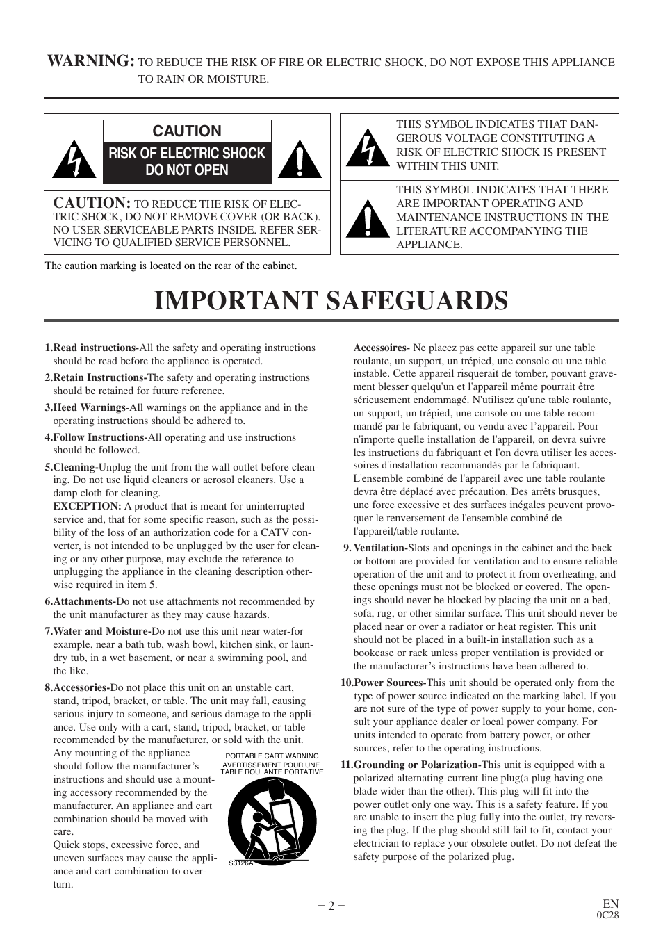 Important safeguards, Warning, Caution | Caution risk of electric shock do not open | FUNAI EC520E User Manual | Page 2 / 40