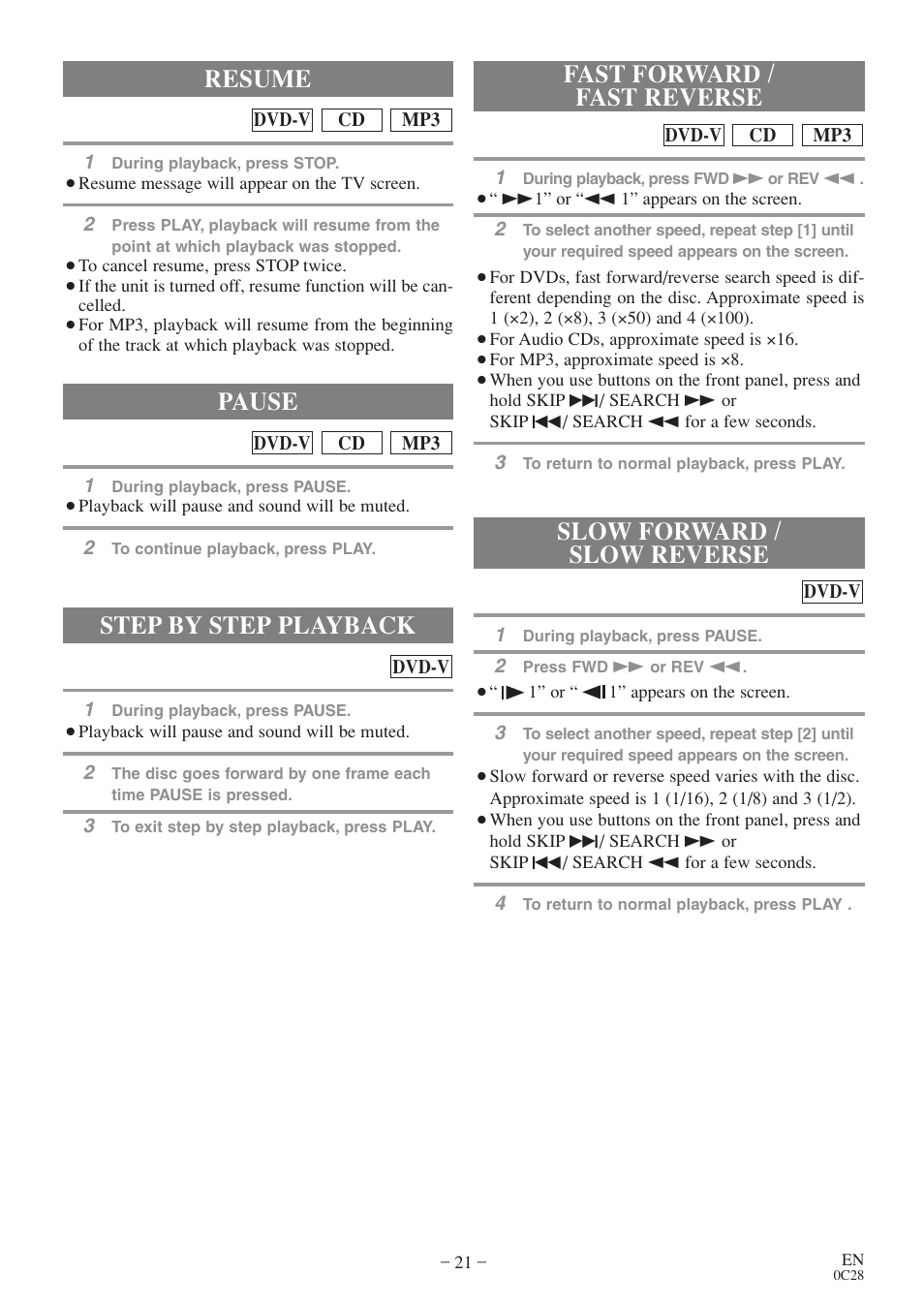 Step by step playback, Resume, Pause | FUNAI EC520E User Manual | Page 21 / 40