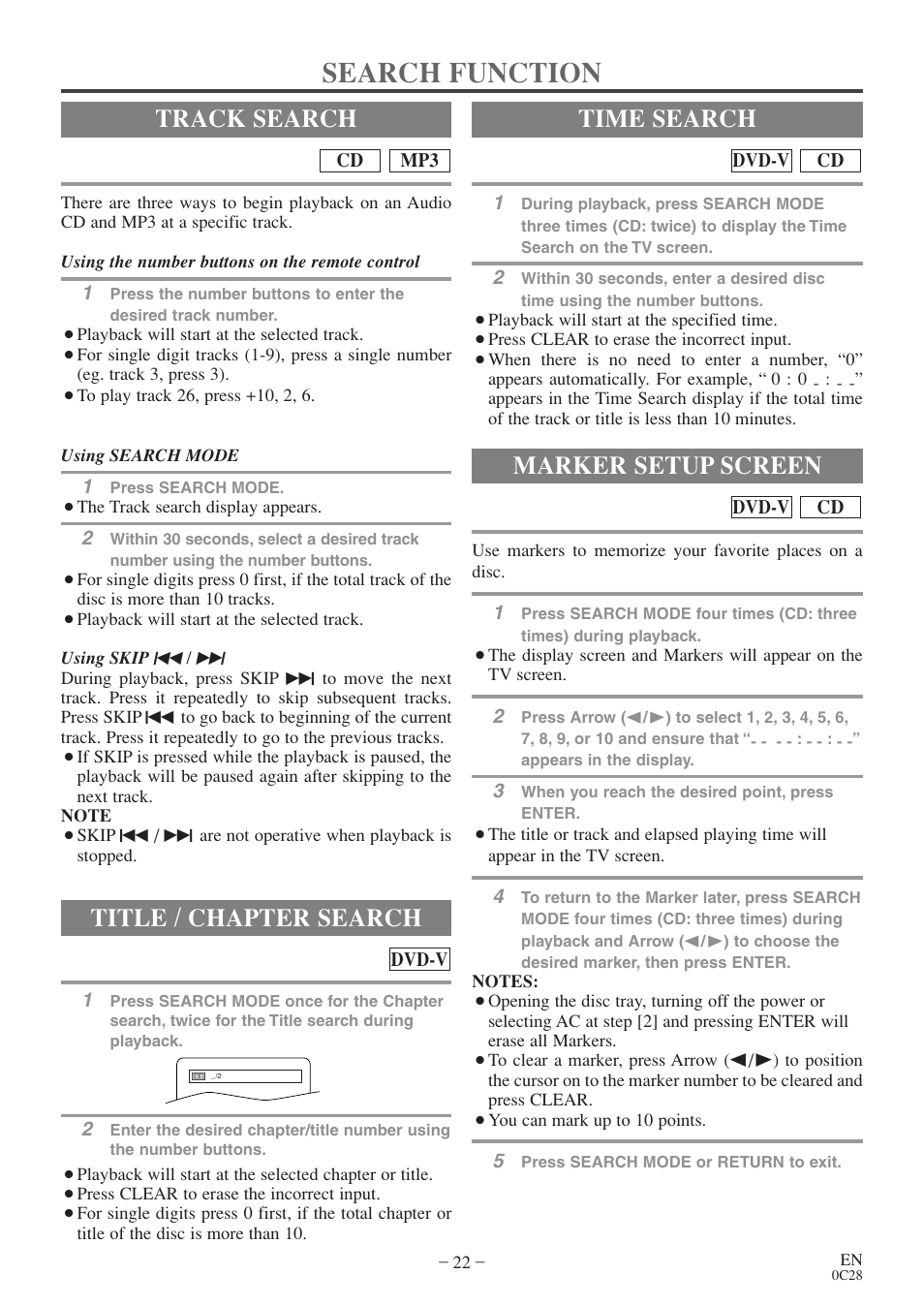 Search function, Track search, Title / chapter search | Time search, Marker setup screen | FUNAI EC520E User Manual | Page 22 / 40