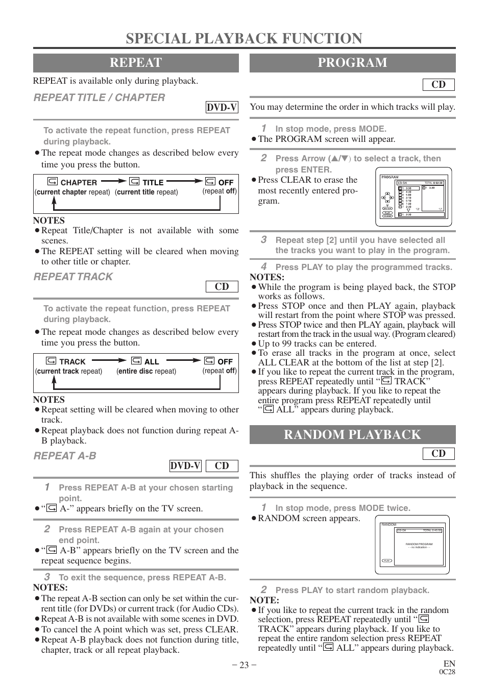 Special playback function, Repeat, Program | Random playback | FUNAI EC520E User Manual | Page 23 / 40