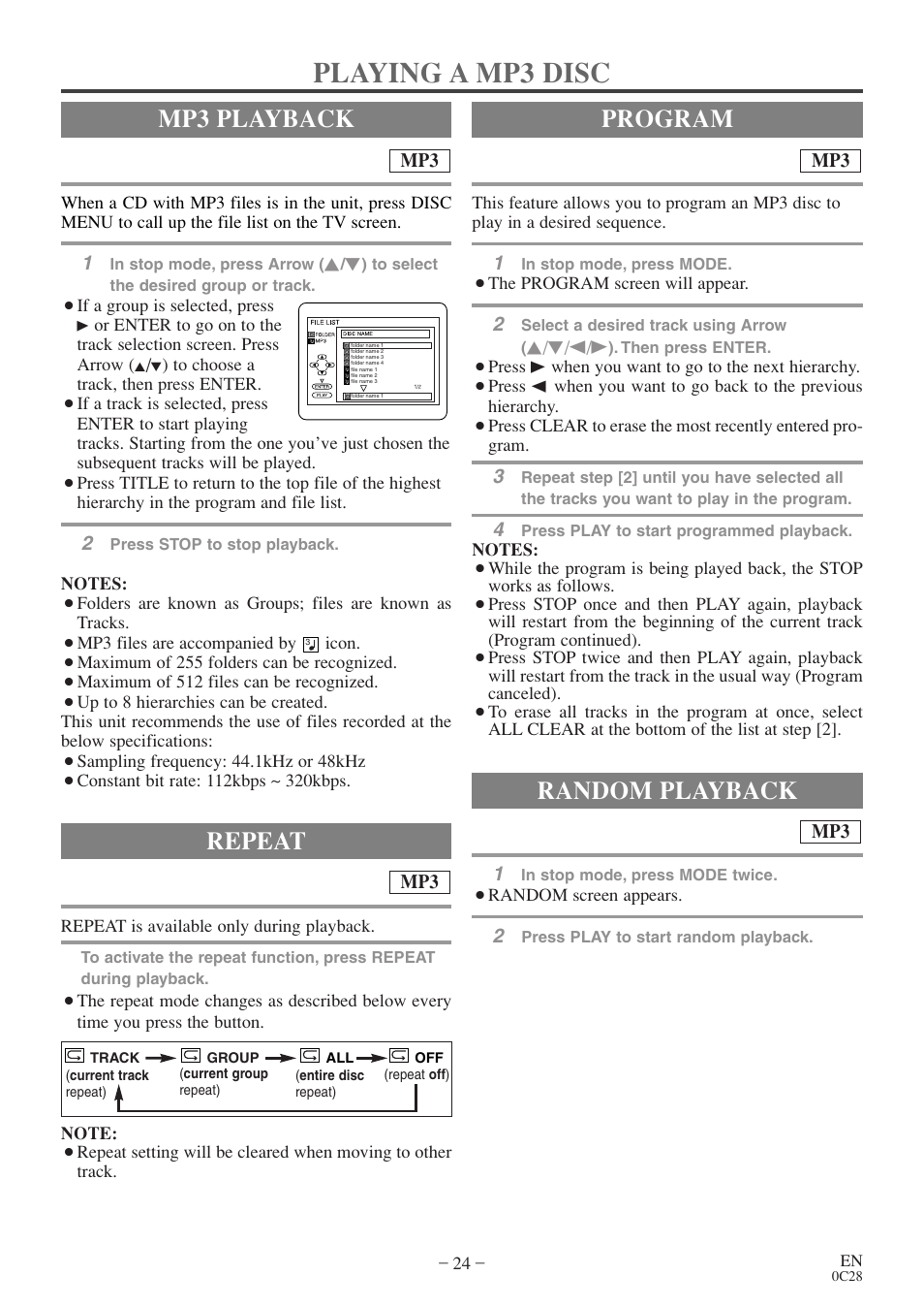 Playing a mp3 disc, Mp3 playback, Random playback | Program repeat | FUNAI EC520E User Manual | Page 24 / 40