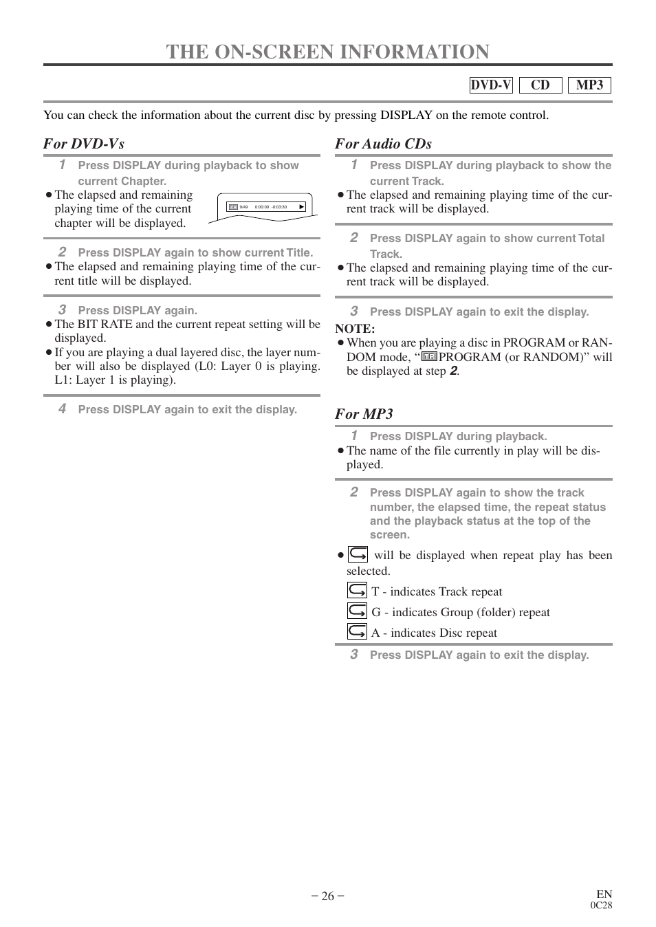 The on-screen information, For dvd-vs, For audio cds | For mp3 | FUNAI EC520E User Manual | Page 26 / 40