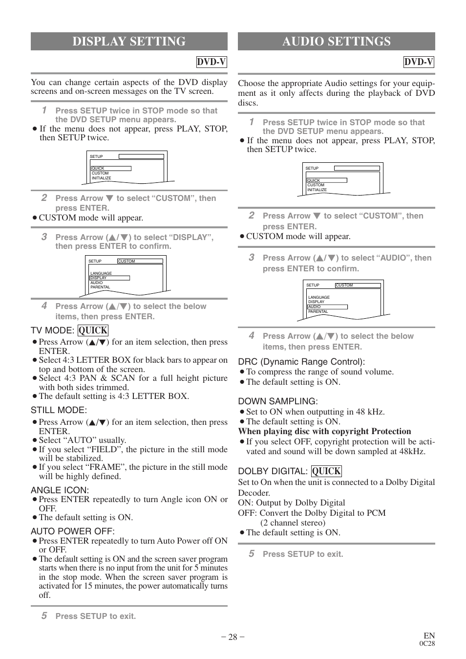 Audio settings, Display setting | FUNAI EC520E User Manual | Page 28 / 40