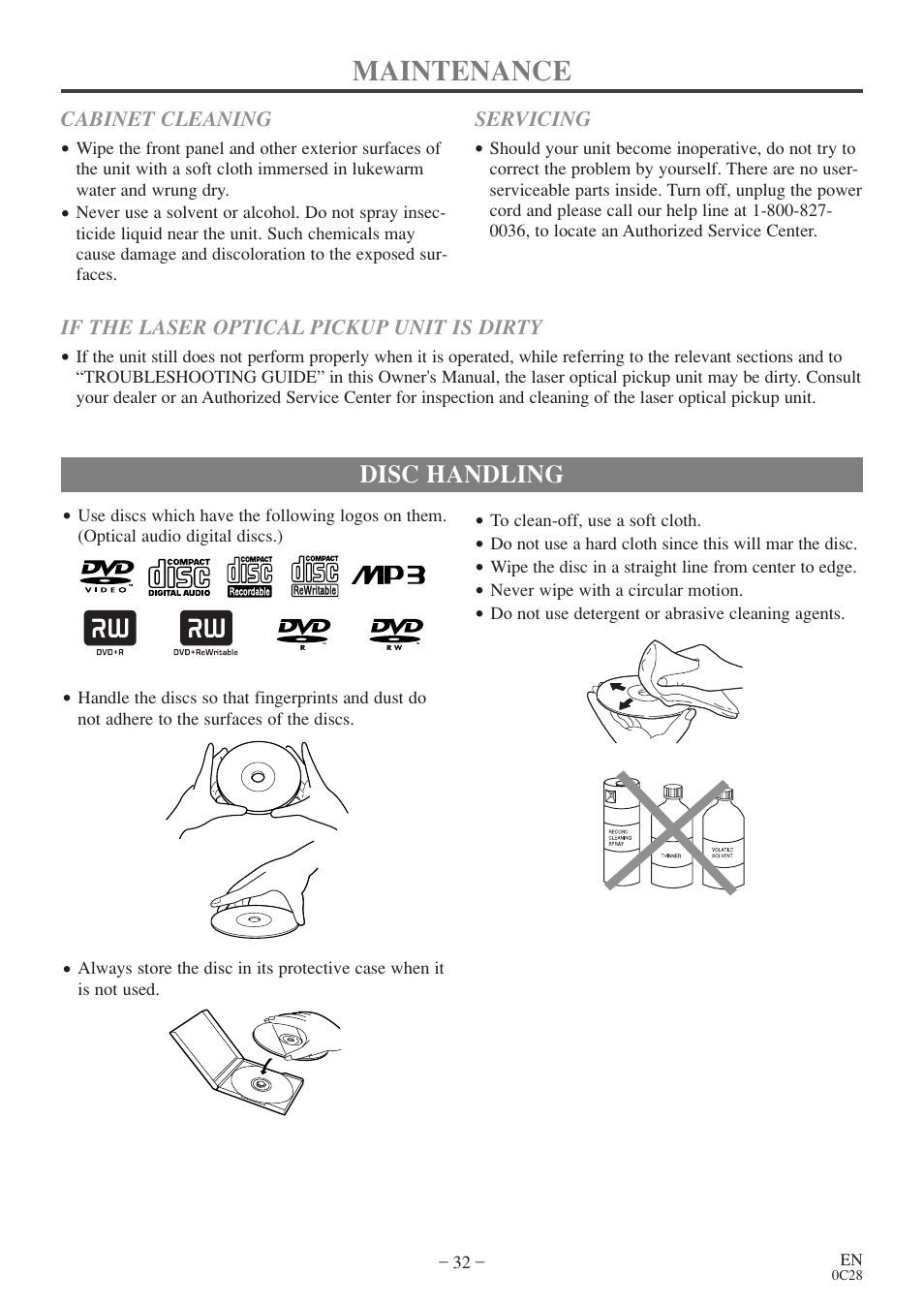 Maintenance, Disc handling | FUNAI EC520E User Manual | Page 32 / 40