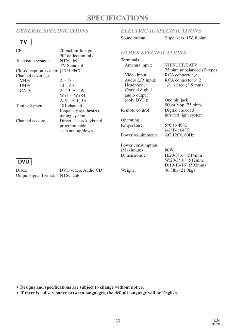 Specifications | FUNAI EC520E User Manual | Page 33 / 40