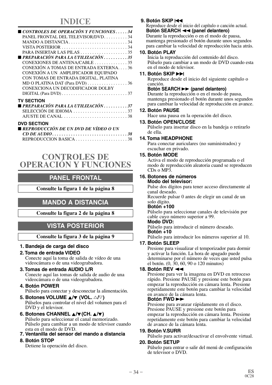 Indice, Controles de operación y funciones, Panel frontal | Mando a distancia, Vista posterior | FUNAI EC520E User Manual | Page 34 / 40