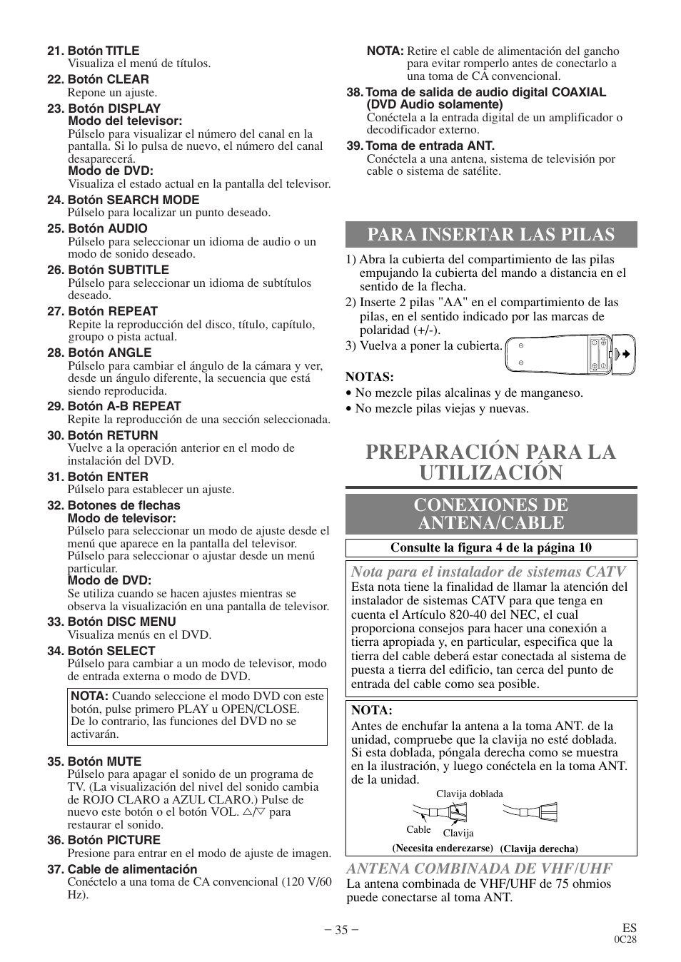 Preparación para la utilización, Para insertar las pilas conexiones de antena/cable, Antena combinada de vhf/uhf | Nota para el instalador de sistemas catv | FUNAI EC520E User Manual | Page 35 / 40