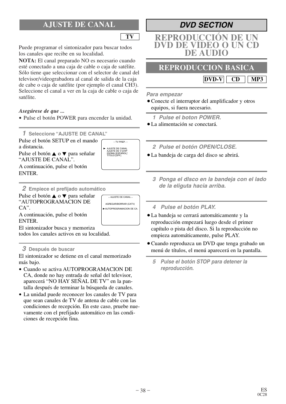 Reproducción de un dvd de vídeo o un cd de audio, Ajuste de canal reproduccion basica | FUNAI EC520E User Manual | Page 38 / 40