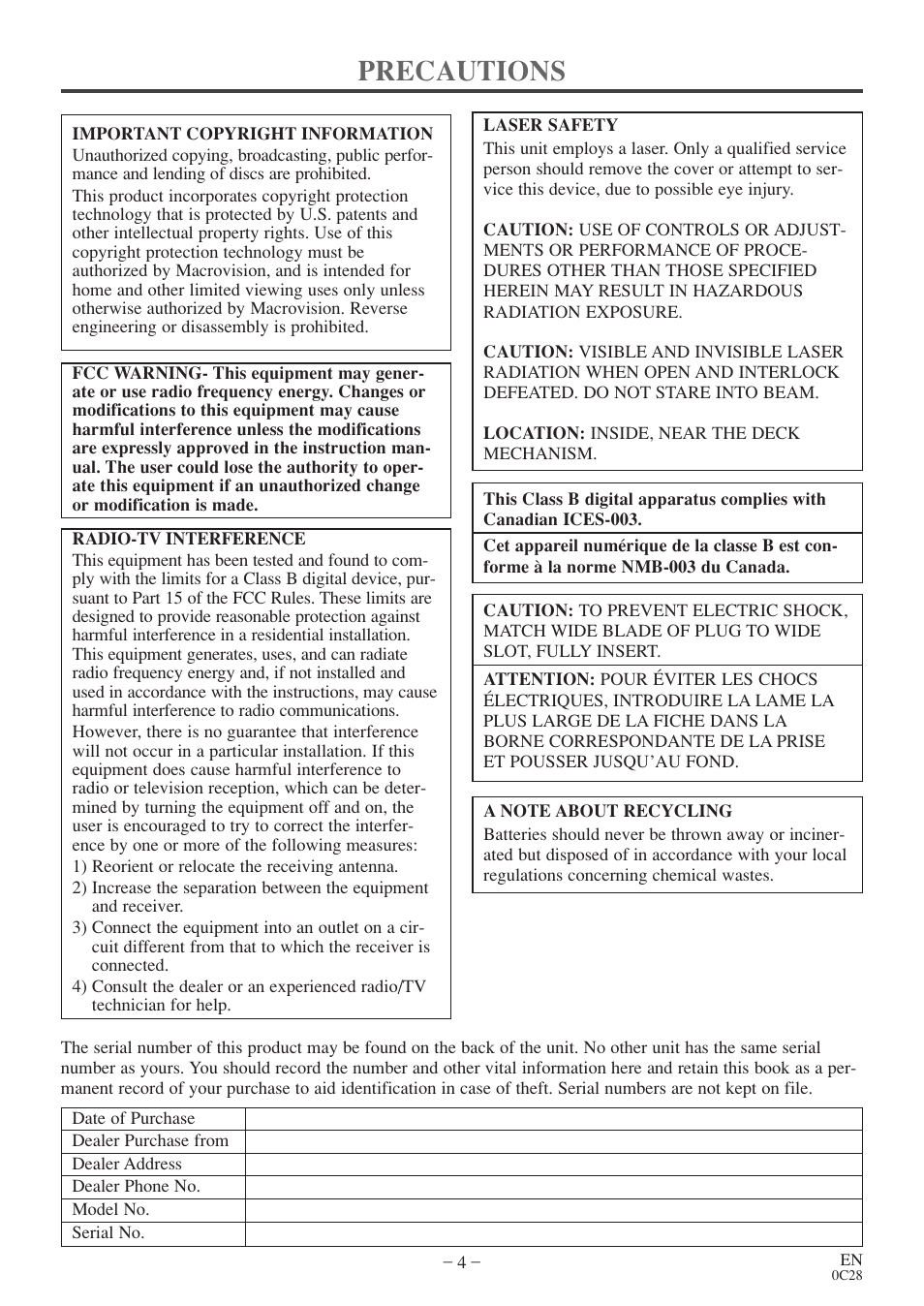 Precautions | FUNAI EC520E User Manual | Page 4 / 40