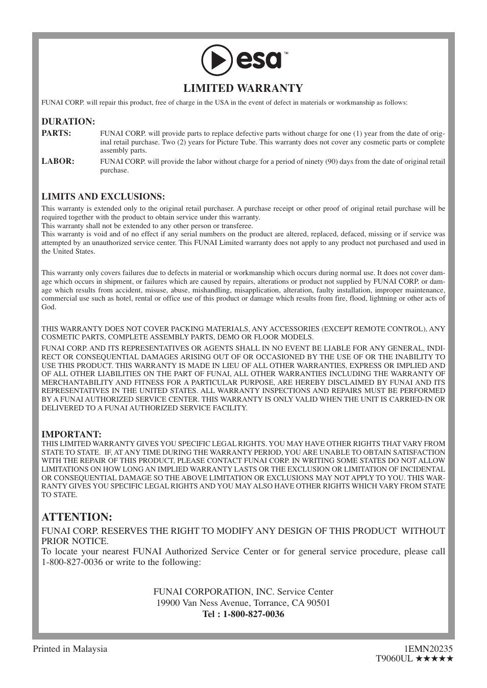 Limited warranty, Attention | FUNAI EC520E User Manual | Page 40 / 40