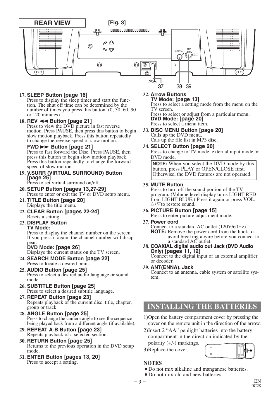 Installing the batteries, Rear view | FUNAI EC520E User Manual | Page 9 / 40