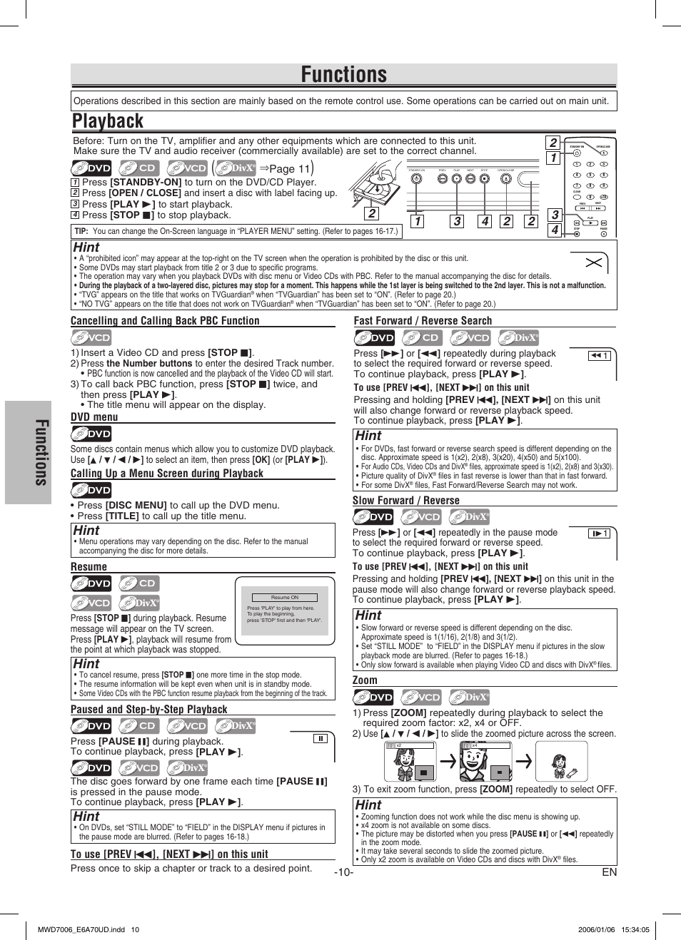 Playback, Functions, Hint | En resume, Slow forward / reverse, Paused and step-by-step playback, Fast forward / reverse search, Zoom, Page 11, Cancelling and calling back pbc function | FUNAI MWD7006 User Manual | Page 10 / 24