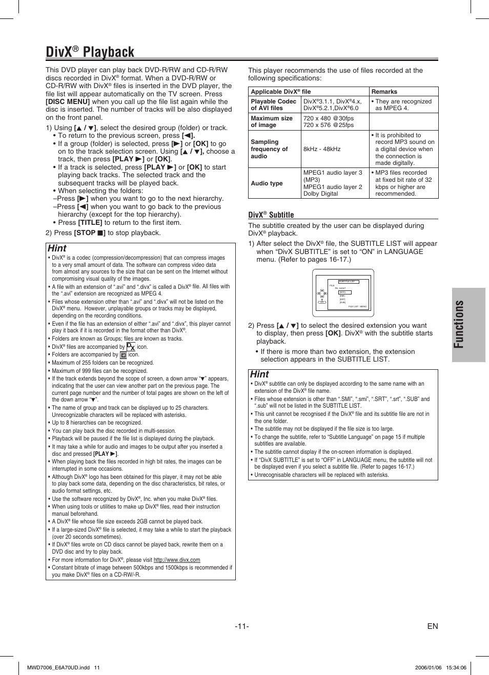 Divx, Playback, Functions | Hint, Subtitle | FUNAI MWD7006 User Manual | Page 11 / 24
