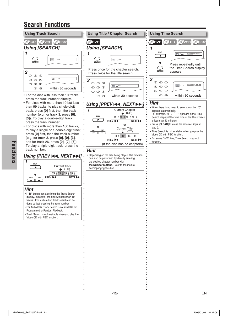 Search functions, Functions, Hint | Using [search, Using [search] 1 2, Using [prev h , next g, Using [prev h , next g ] hint, Using time search, Using track search, Using title / chapter search | FUNAI MWD7006 User Manual | Page 12 / 24