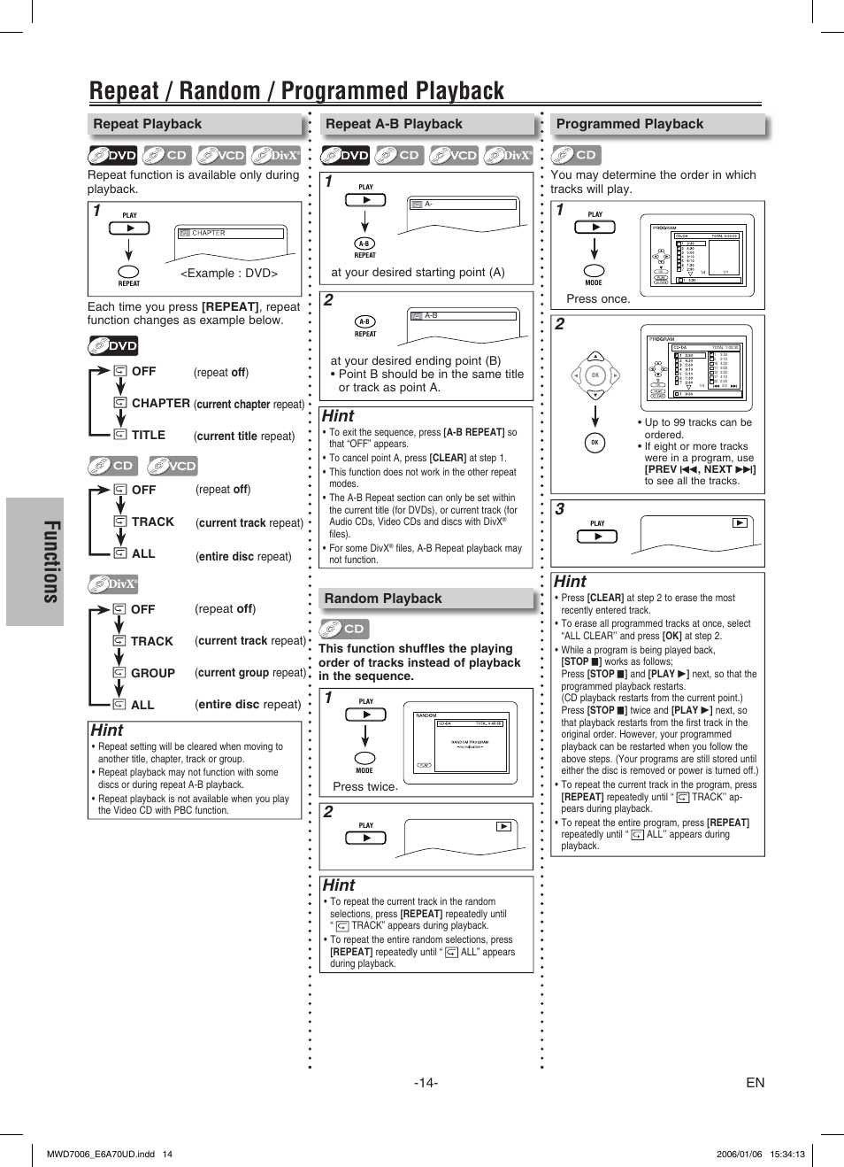 Repeat / random / programmed playback, Functions, Hint | Repeat playback, Repeat a-b playback, Programmed playback, Random playback | FUNAI MWD7006 User Manual | Page 14 / 24