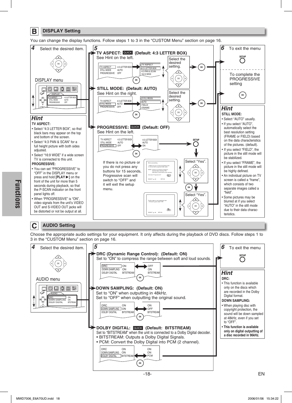 Functions, 5hint, Hint | Audio menu, Audio setting, Display menu, Display setting | FUNAI MWD7006 User Manual | Page 18 / 24