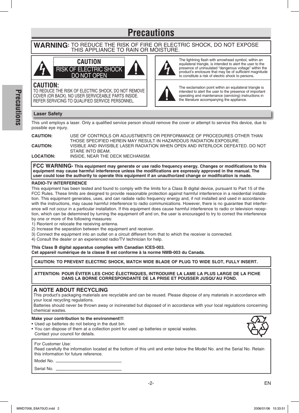 Precautions, Warning, Caution | Caution risk of electric shock do not open | FUNAI MWD7006 User Manual | Page 2 / 24