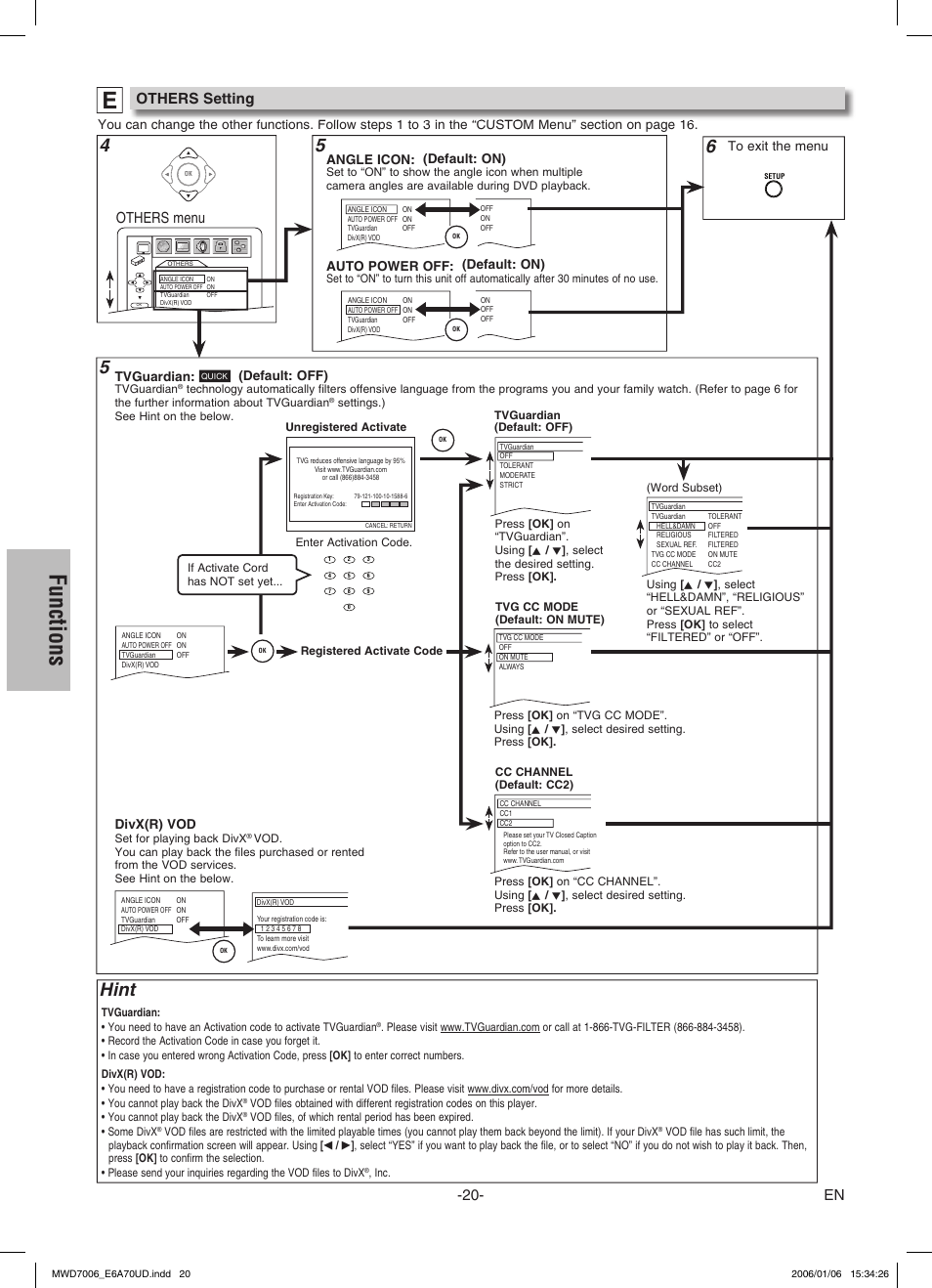 Functions, Hint, Others menu | Others setting, Angle icon: (default: on), Auto power off: (default: on), Divx(r) vod, Tvguardian, Default: off) | FUNAI MWD7006 User Manual | Page 20 / 24