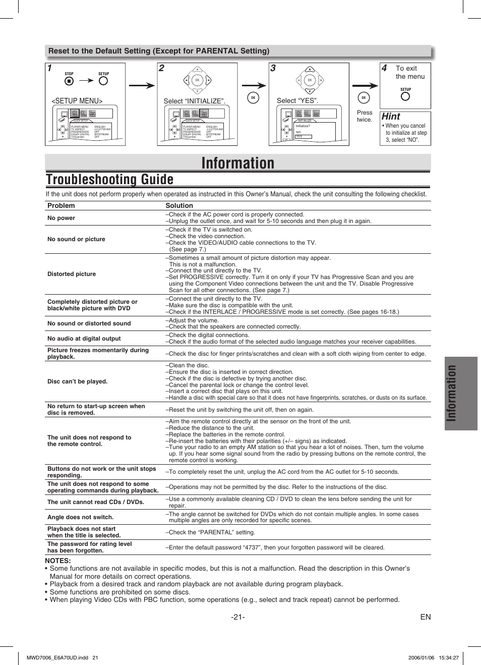 Troubleshooting guide, Information, Hint | Setup menu | FUNAI MWD7006 User Manual | Page 21 / 24