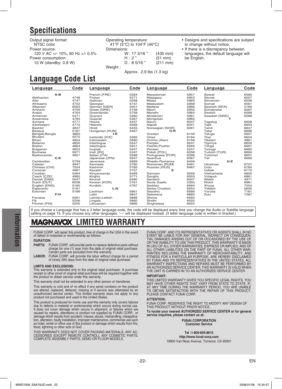 Language code list, Specifications, Limited warranty | Information | FUNAI MWD7006 User Manual | Page 22 / 24