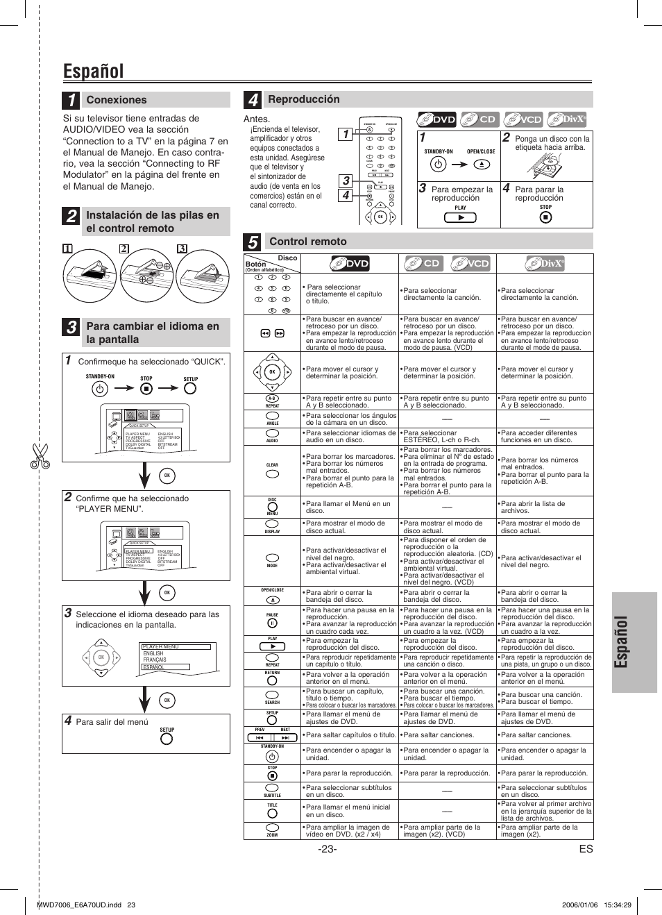 Español, 2- es, Conexiones | Para cambiar el idioma en la pantalla, Reproducción, Divx, Antes | FUNAI MWD7006 User Manual | Page 23 / 24