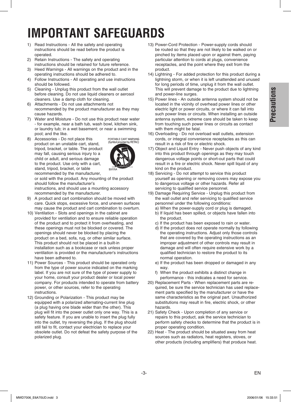 Important safeguards, Precautions | FUNAI MWD7006 User Manual | Page 3 / 24