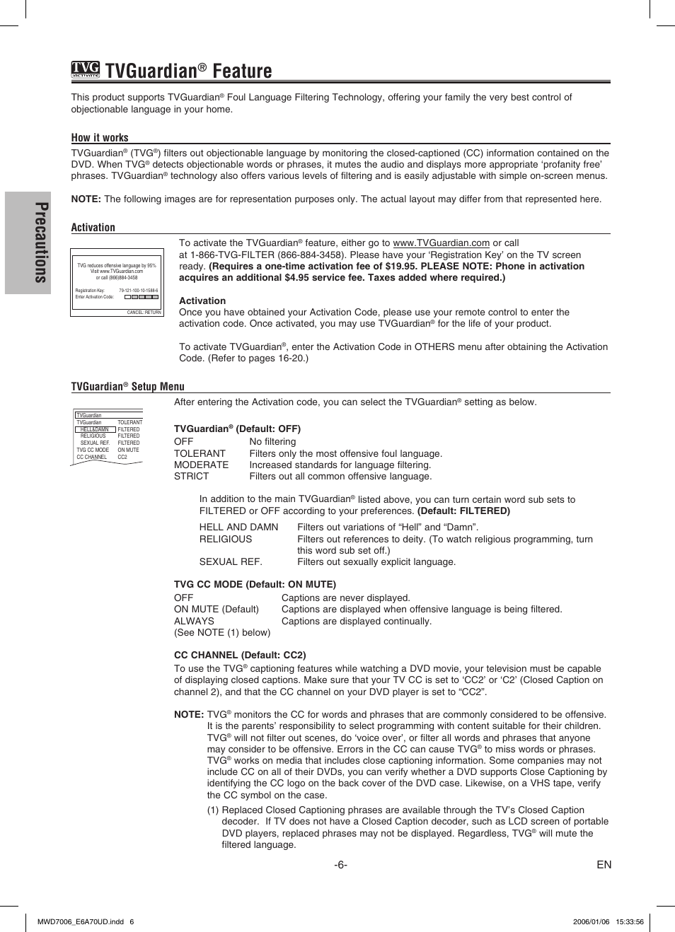 Tvguardian, Feature, Precautions | FUNAI MWD7006 User Manual | Page 6 / 24