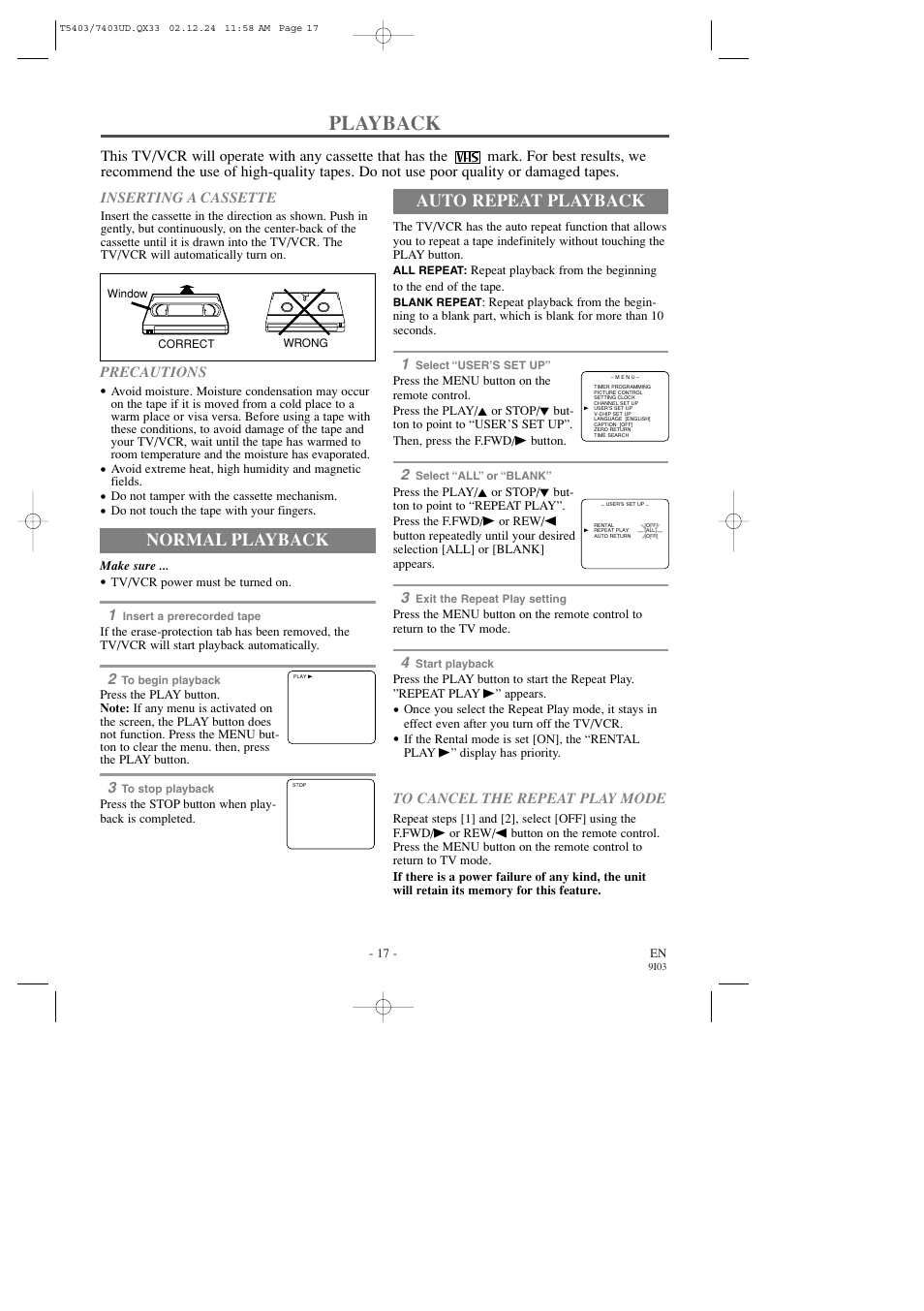 Playback, Auto repeat playback, Normal playback | FUNAI SC1903 User Manual | Page 17 / 32