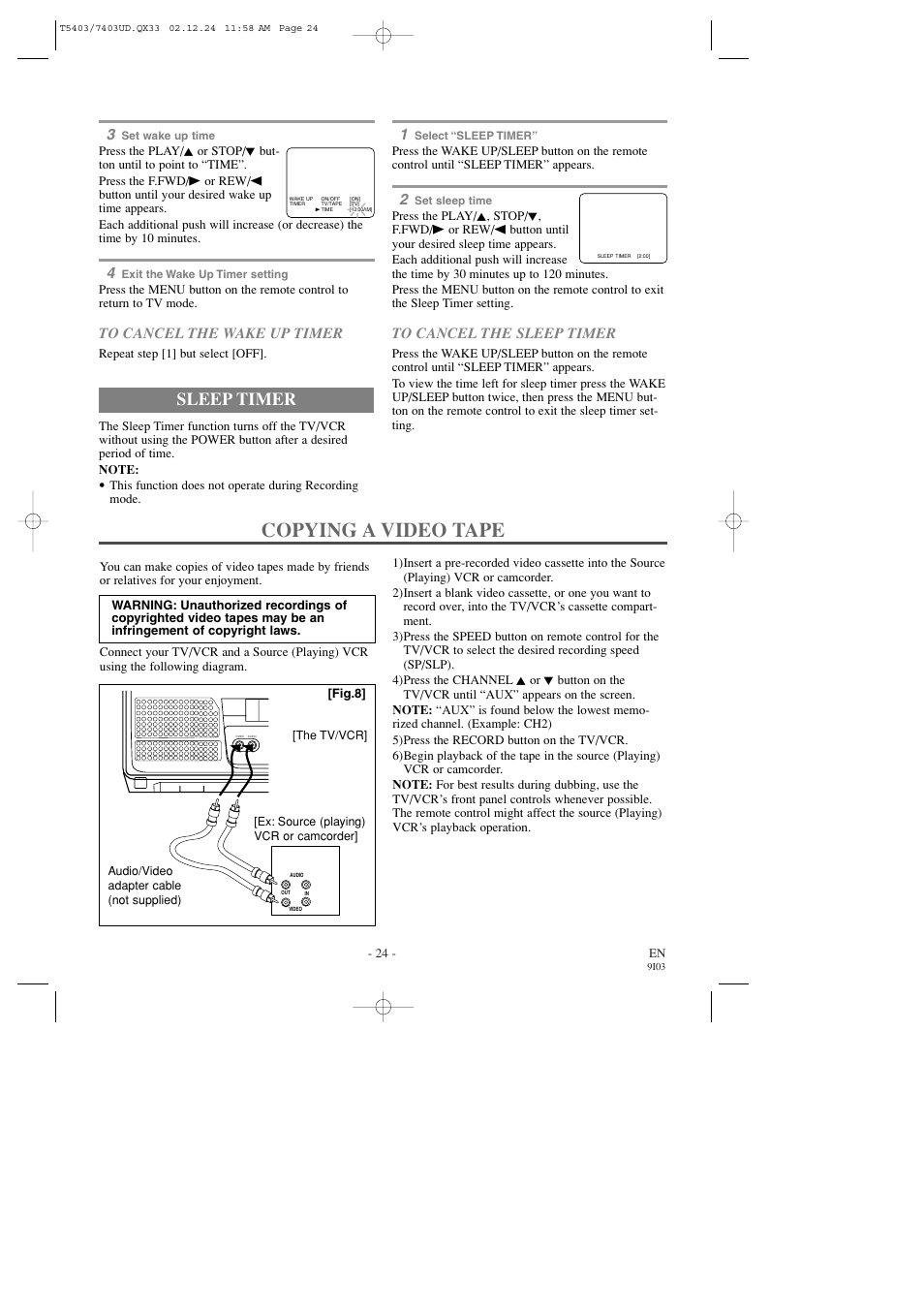 Copying a video tape, Sleep timer | FUNAI SC1903 User Manual | Page 24 / 32
