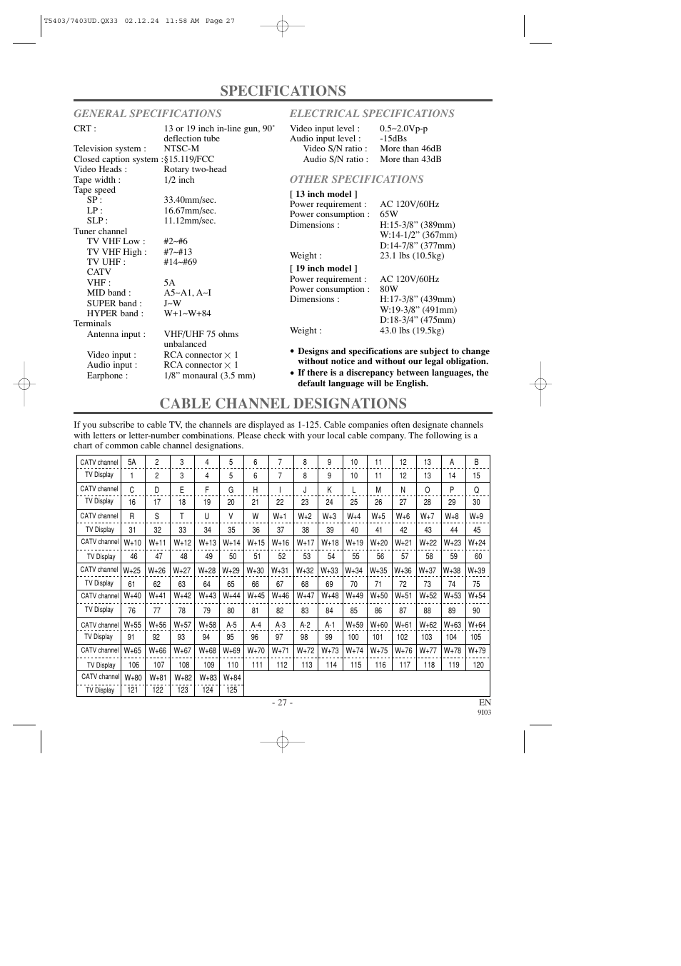 Specifications, Cable channel designations | FUNAI SC1903 User Manual | Page 27 / 32