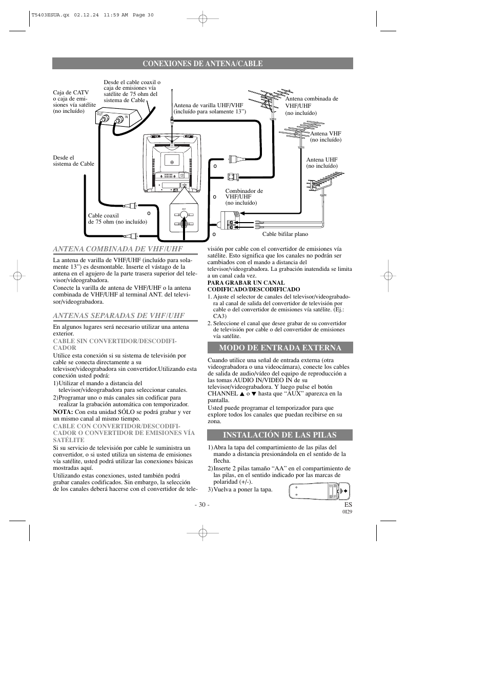 Conexiones de antena/cable, Antena combinada de vhf/uhf, Antenas separadas de vhf/uhf | Modo de entrada externa, Instalación de las pilas | FUNAI SC1903 User Manual | Page 30 / 32