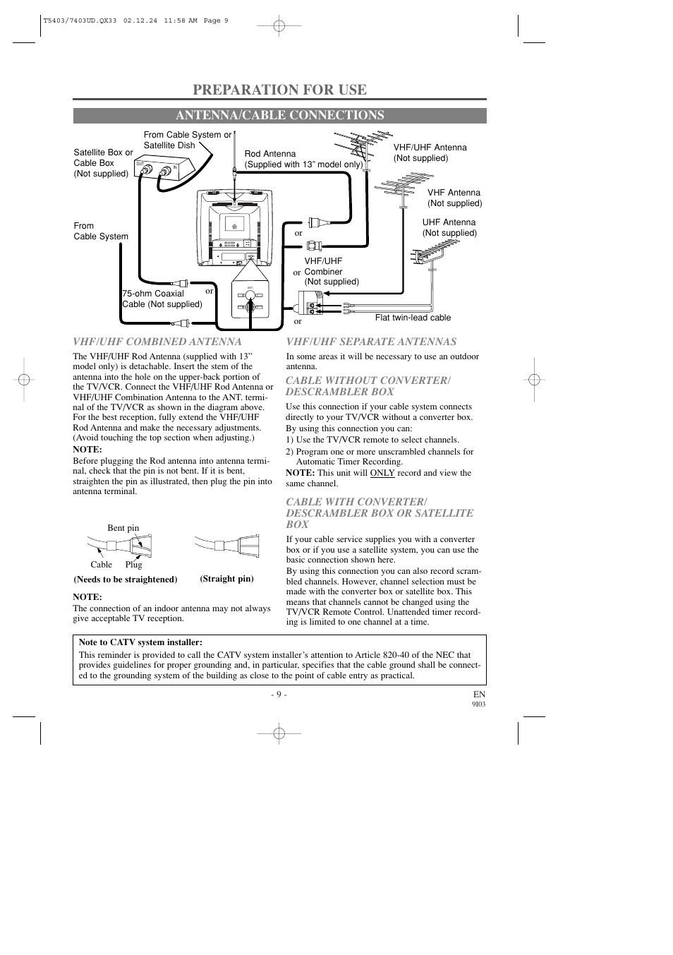 Preparation for use, Antenna/cable connections | FUNAI SC1903 User Manual | Page 9 / 32