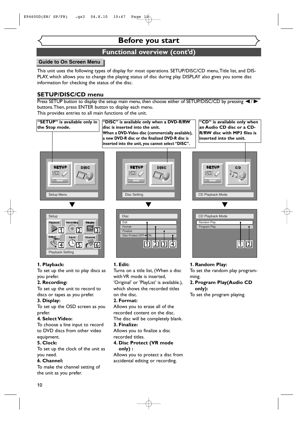 Before you start, Functional overview (cont’d), Setup/disc/cd menu | FUNAI FDRV90E User Manual | Page 10 / 116