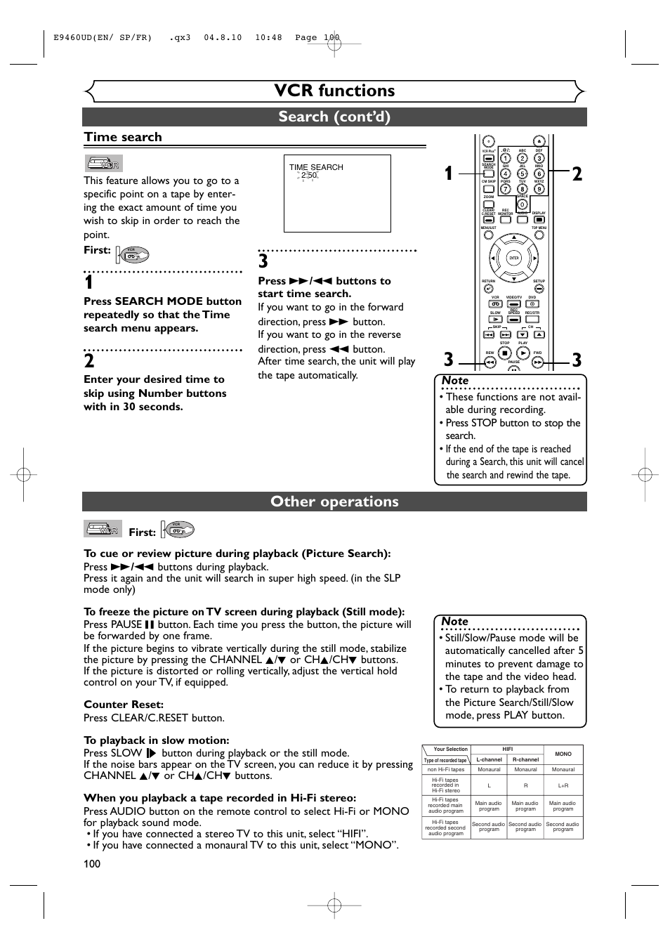 Vcr functions, Other operations, Search (cont’d) | Time search | FUNAI FDRV90E User Manual | Page 100 / 116