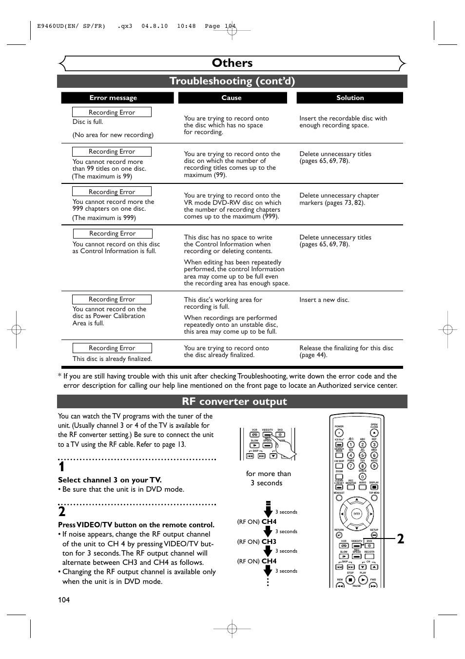 Others, Troubleshooting (cont’d), Rf converter output | For more than 3 seconds | FUNAI FDRV90E User Manual | Page 104 / 116